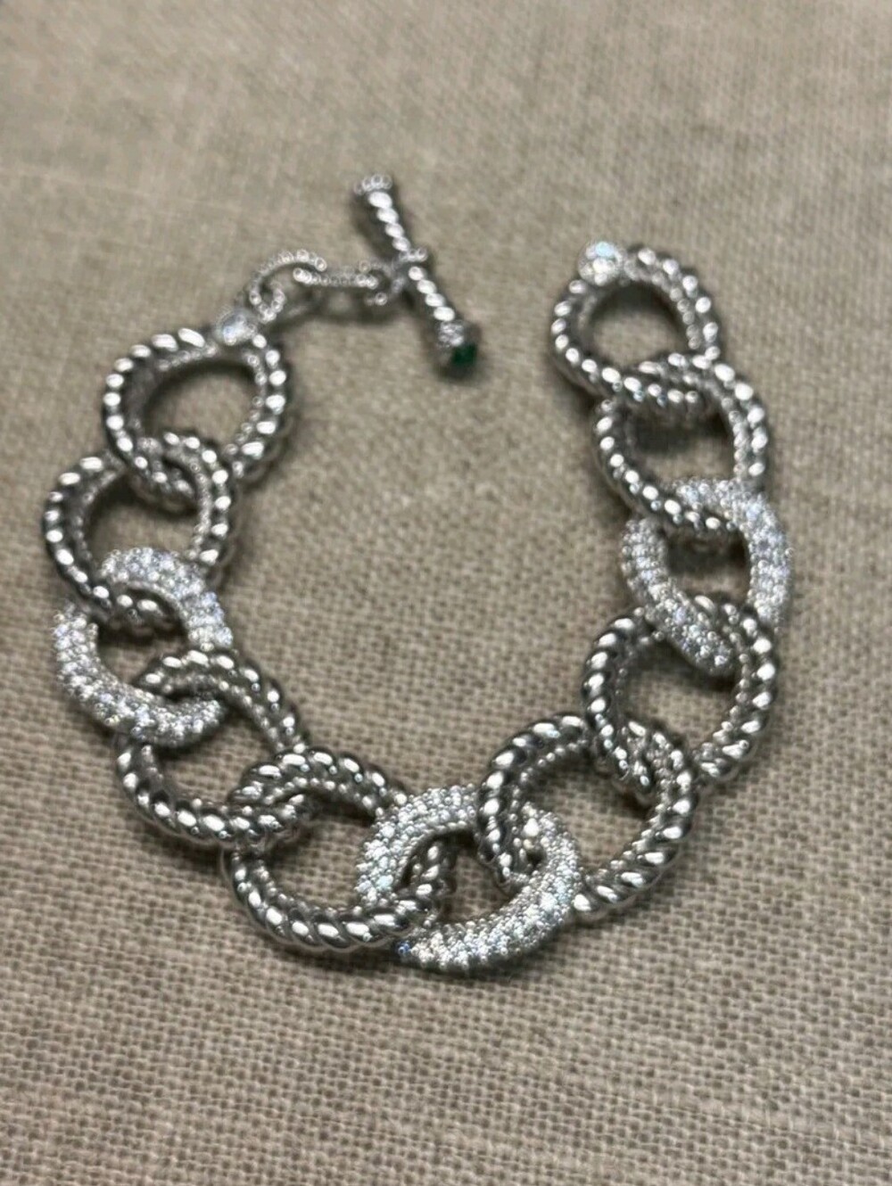Judith Ripka SS Diamonique Oval Links Bracelet 7.5" W/CZ Emerald Toggle Clasp